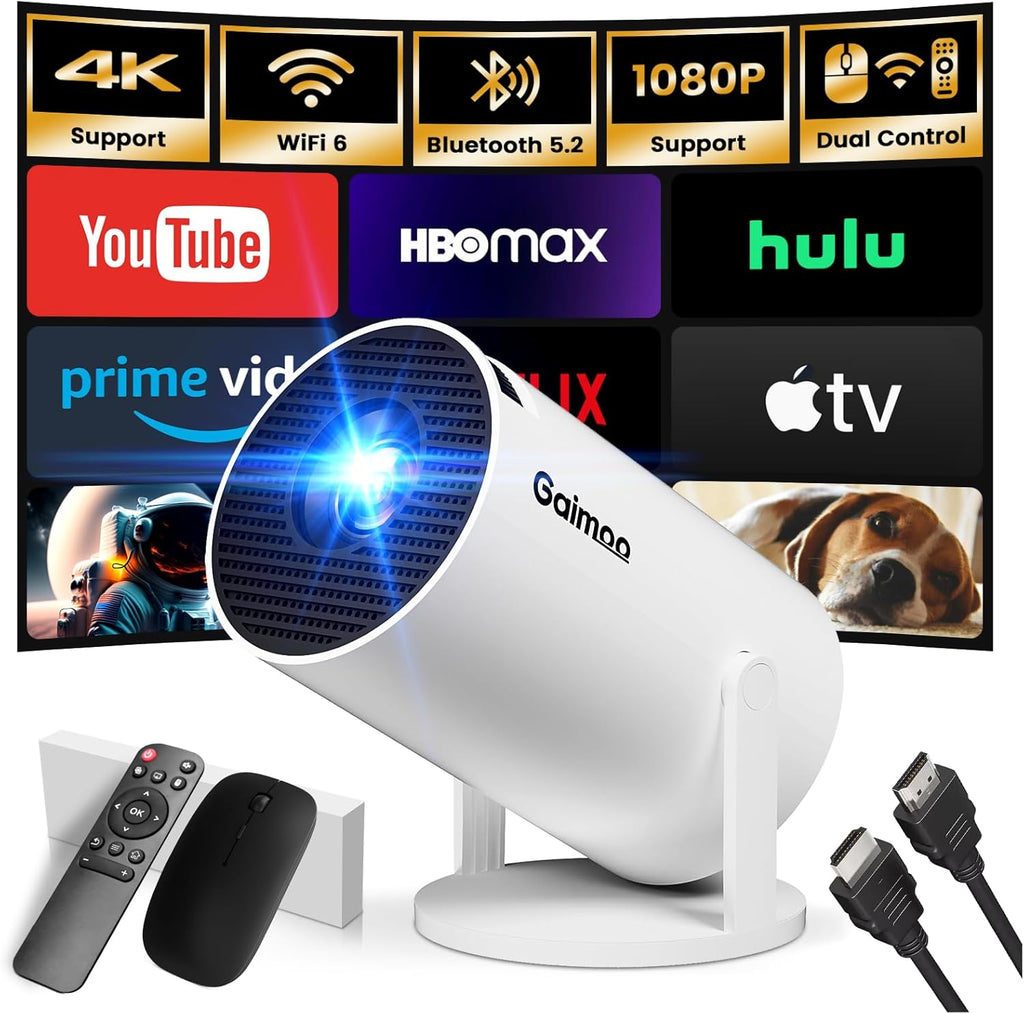 [2025 Modelo e App integrada] Projetor portátil suporte 4K 1080P mini projetor de controlo duplo com rato Android TV WiFi 6 BT5.2 180° rotação HDMI/TV Stick/USB/Laptop, com cabo HDMI e rato, branco