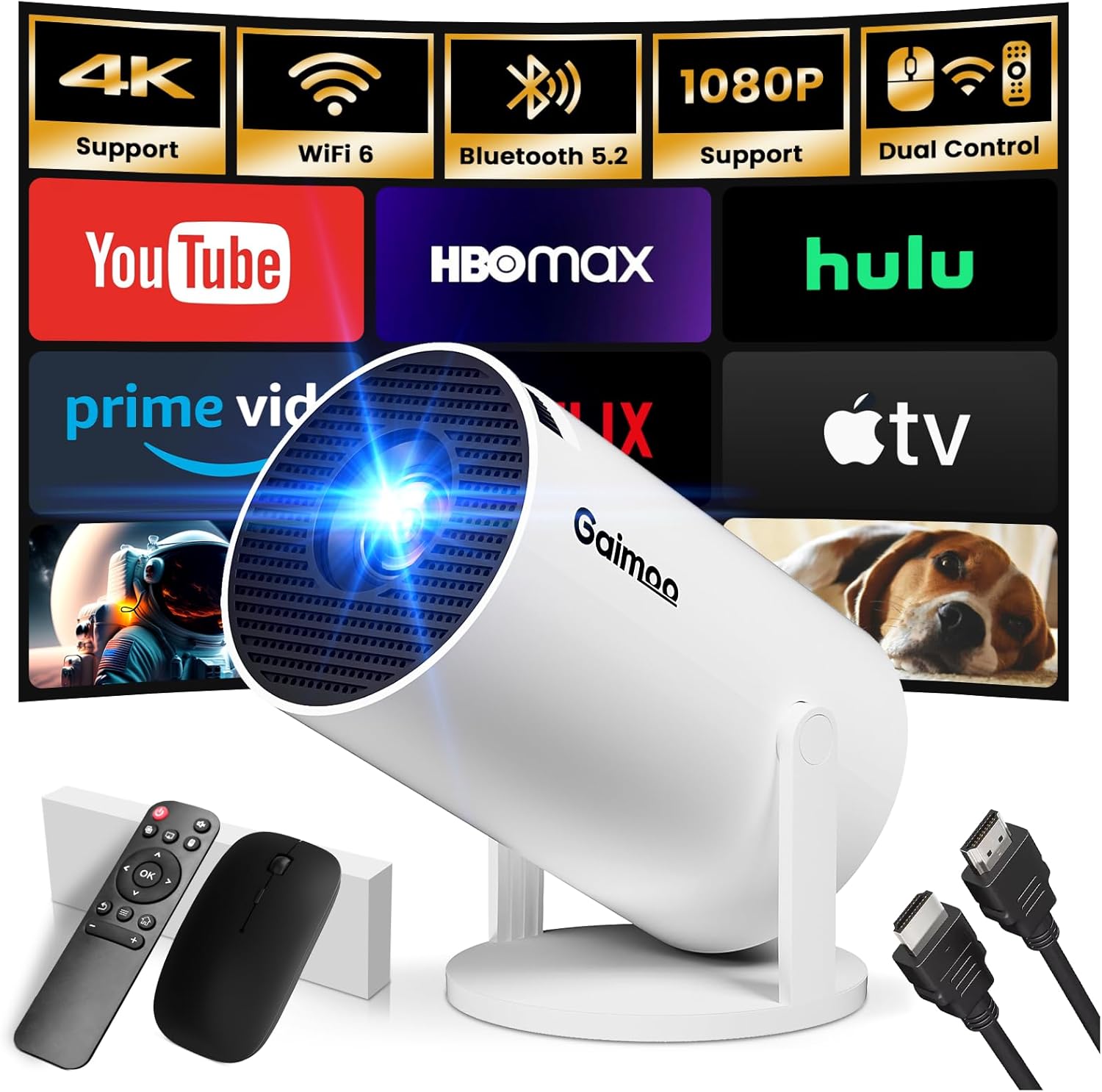 [2025 Modelo e App integrada] Projetor portátil suporte 4K 1080P mini projetor de controlo duplo com rato Android TV WiFi 6 BT5.2 180° rotação HDMI/TV Stick/USB/Laptop, com cabo HDMI e rato, branco