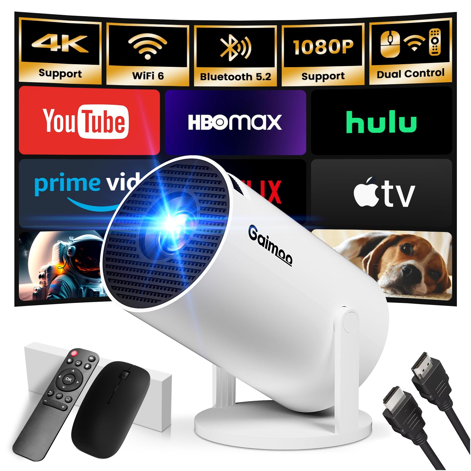 [2025 Modelo & App integrada] Proyector Portátil Soporte 4K 1080P Mini Proyector Dual Control con Ratón Android TV WiFi 6 BT5.2 180° Rotation Compatible con HDMI/TV Stick/USB/Laptop, Negro