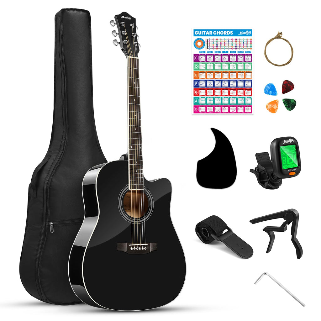 Moukey Acoustic Guitar Full Size Kits for Beginners Adults 4/4 de 41" Guitar Bundles com Chord Poster, Gig Bag, Tuner, Steel Strings, Strap, natural