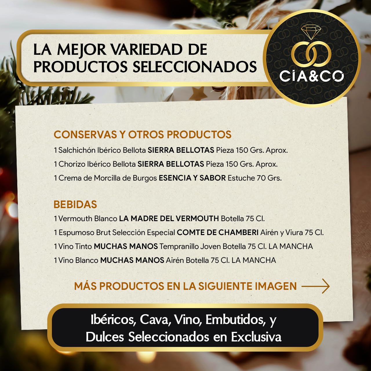 Christmas Basket with Gourmet Ham 2025 (Lot 217) · With Red and White Wine Rioja, Cava, Gin, Beer, Sweets and Iberian · Includes Customizable Card · Ideal Corporate or Family Gift