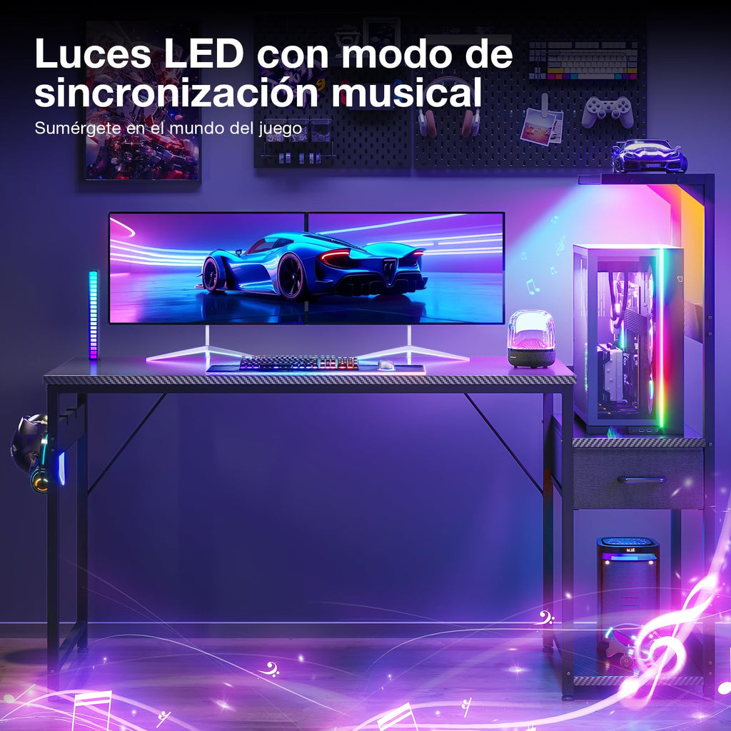 Escritorio para juegos Coleshome con iluminación LED, 120 x 48 cm, cajones y soporte, reversible, con gancho para casco, fibra de carbono negra 