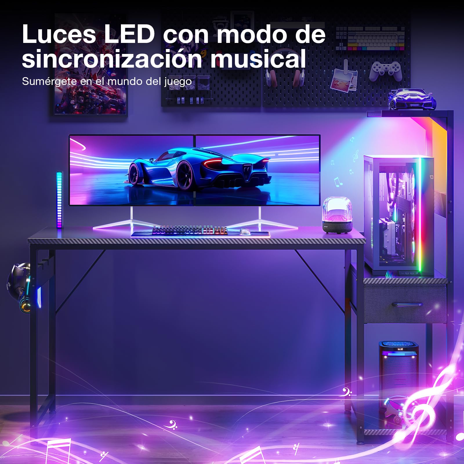 Escritorio para juegos Coleshome con iluminación LED, 120 x 48 cm, cajones y soporte, reversible, con gancho para casco, fibra de carbono negra 