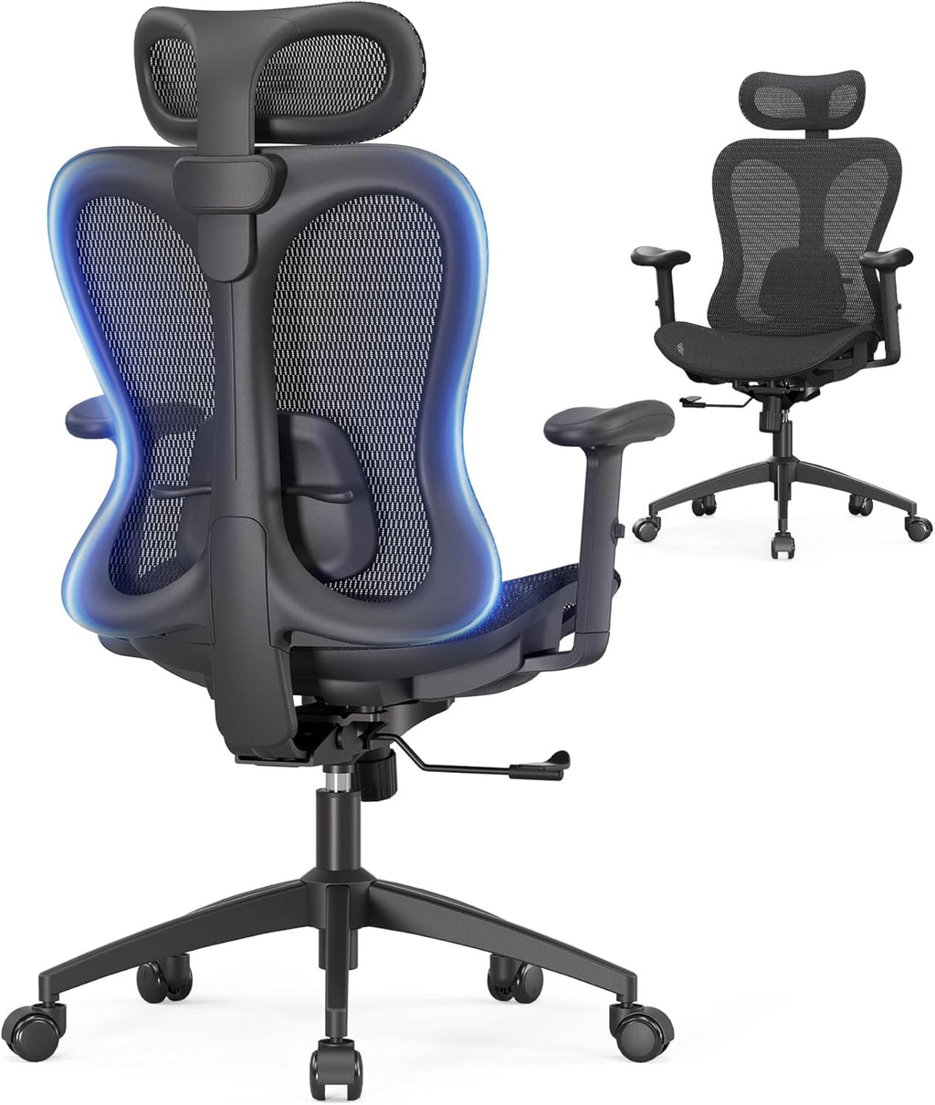 Ergonomic Office Desk Chair, Comfortable Computer Gaming Chair, Breathable Mesh Back & Seat, Adjustable Armrest & Headrest, Lumbar Support, Butterfly Design for Home Office (Black)