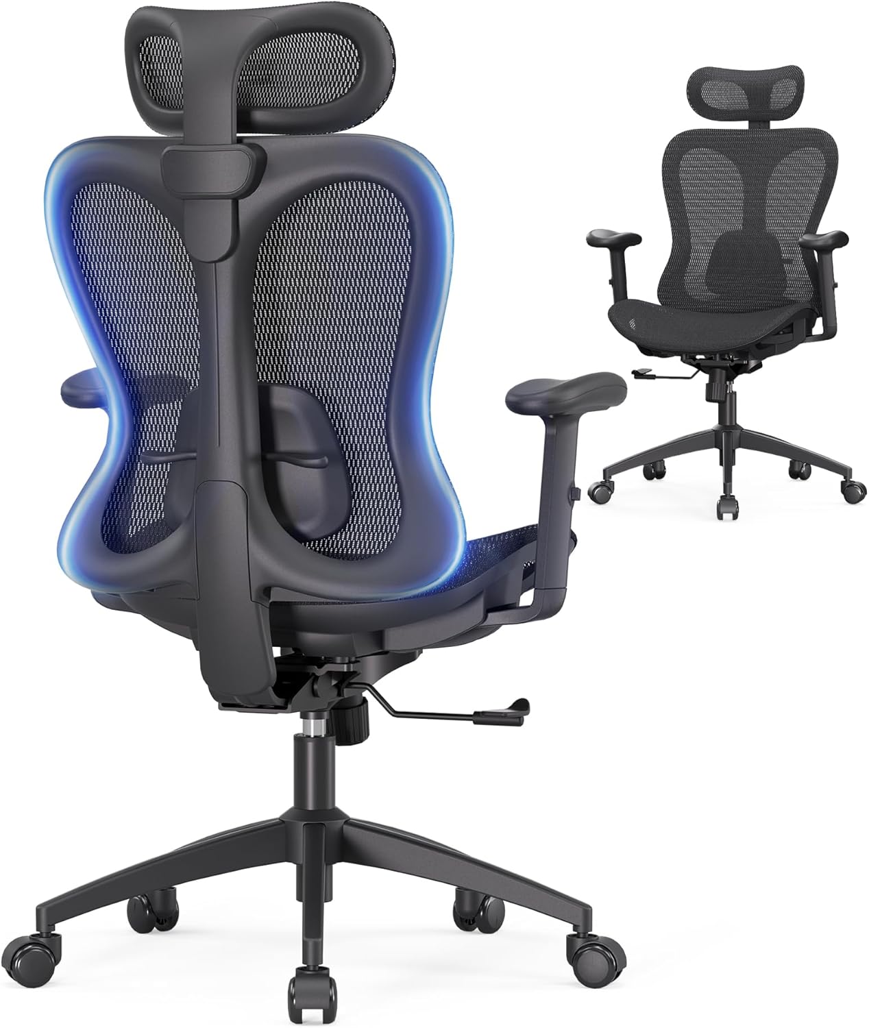 Ergonomic Office Desk Chair, Comfortable Computer Gaming Chair, Breathable Mesh Back & Seat, Adjustable Armrest & Headrest, Lumbar Support, Butterfly Design for Home Office (Black)