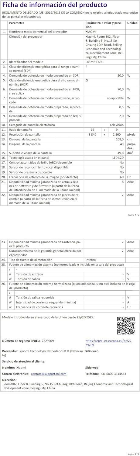 XIAOMI TV F 43, 43 Pulgadas (109 cm), 4K UHD, Smart TV, Fire TV, Control por Voz Alexa, HDR10, MEMC, 2GB+32GB, Compatible con Apple AirPlay, 2025