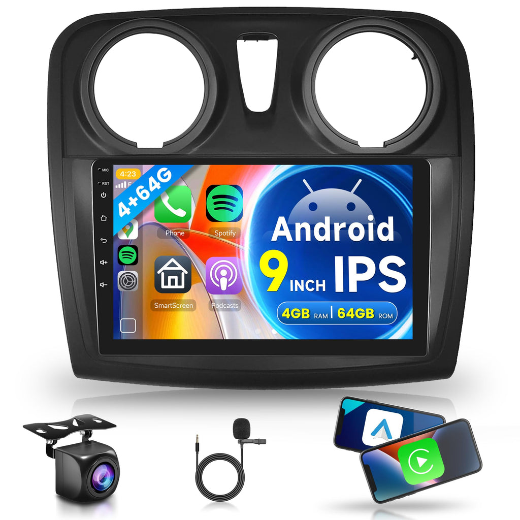 2G+64G Wireless Carplay Android Car Radio for Renault Dacia Logan 2 Sandero B52 2012-2019 9 Inch Radio with Android Auto Navi GPS WiFi Mirror Link Bluetooth FM/RDS/Dab/SWC Rear Camera