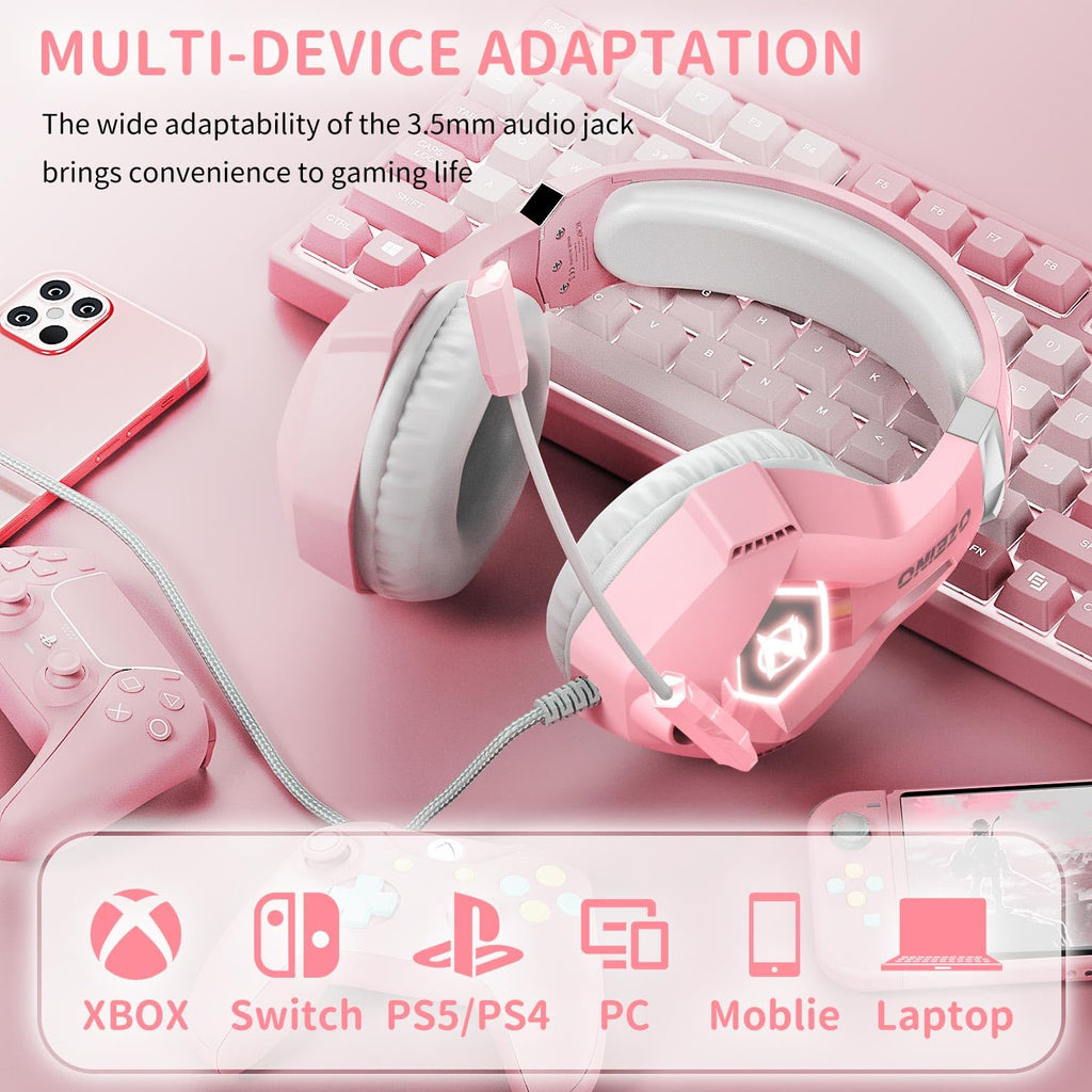 Gaming headset, gaming headset with rotating microphone, RGB light, premium stereo, lightweight comfortable earmuffs, for PS4 PS5 Xbox PC Switch Tablet Laptop 