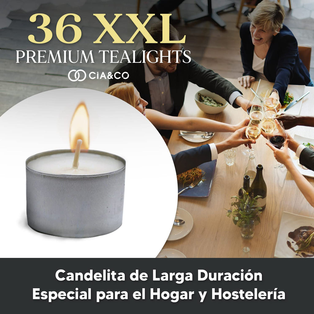 Cia&Co Pack of 108 Tea Lights 8 Hours XXL Long Lasting Round White Candles + 8 Hours Unscented and 100% Paraffin, Diameter 38 mm, Ideal Hospitality Without Odor
