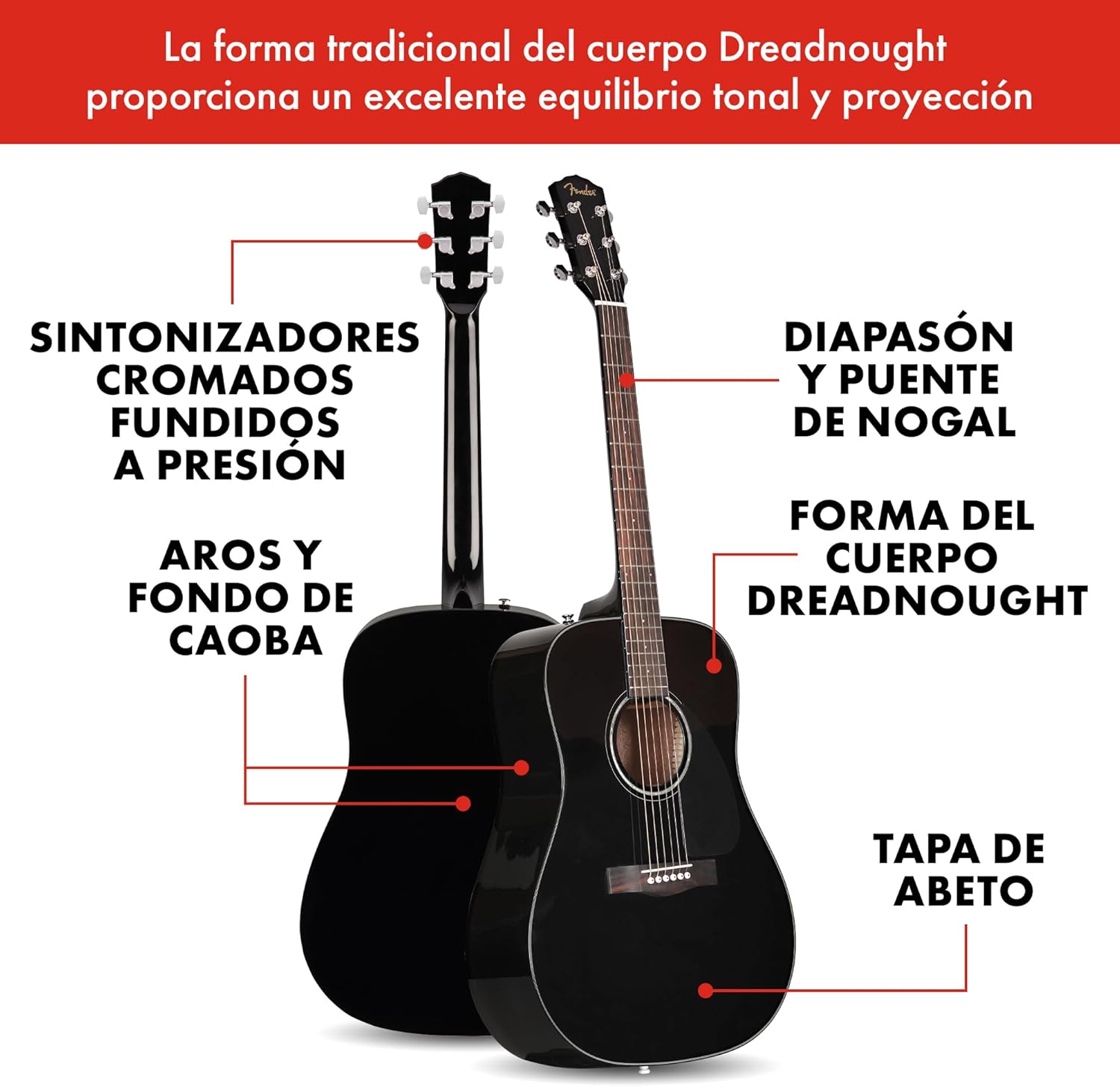 Fender CD-60 Dreadnought V3 DS Guitarra Acústica, Diapasón de Nogal, Negro, Incluye cursos virtuales gratuitos en Fender Play