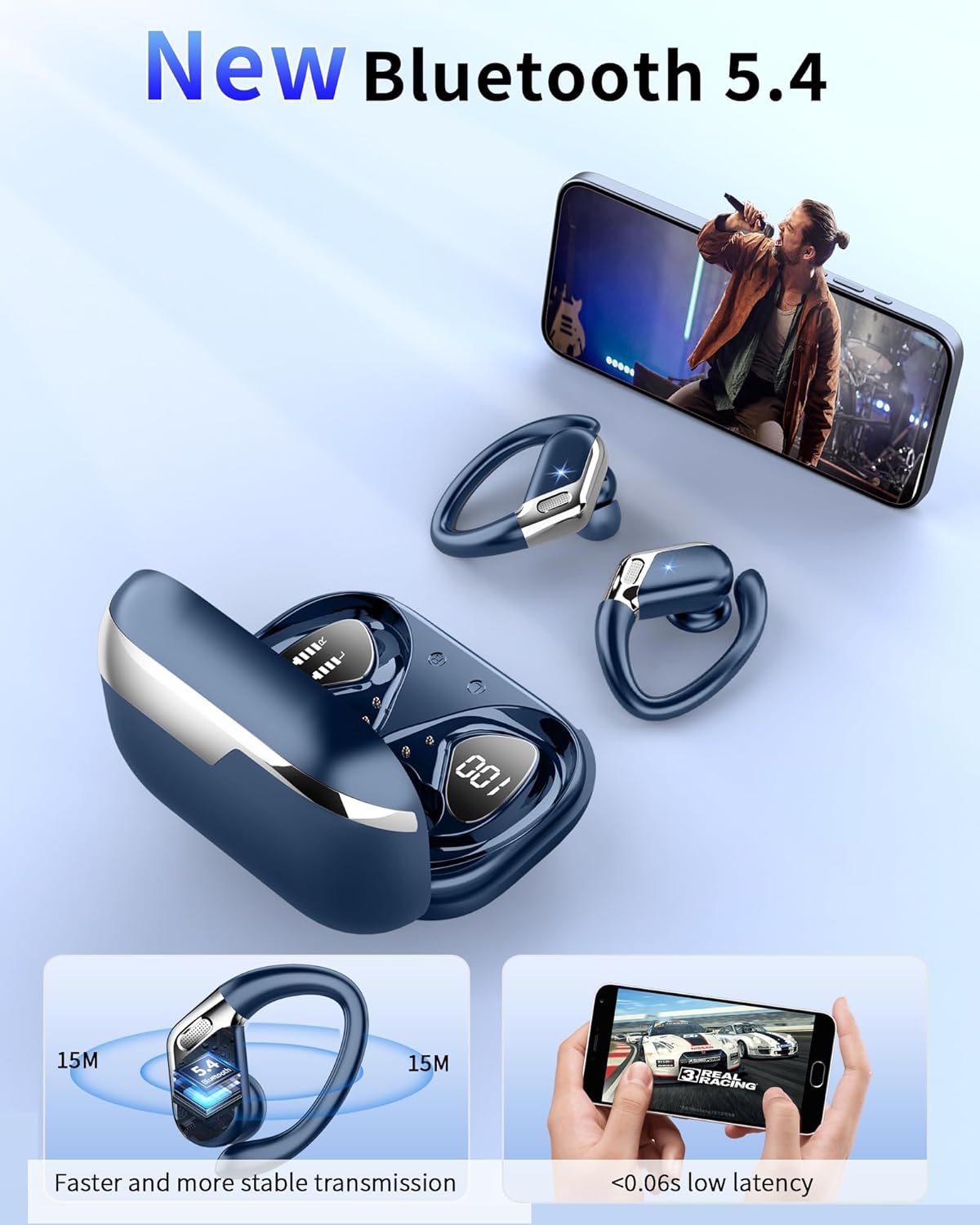 Bluetooth 5.4 Sport Headphones, Bluetooth Headphones with 3D Hifi Stereo, 50 Hours Wireless Earphones In Ear Noise Cancelling ENC and 4 HD Mics, Waterproof Wireless Earphones