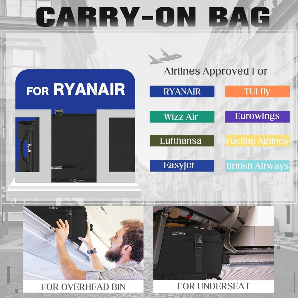 Mochila viagem cabine avion 40 x 20 x 25, mochila Ryanair 40 x 20 x 25, mochila de cabine de baixo assento bolsa de viagem impermeável bagagem de mão com fivela de peito e bolsa anti-roubo,