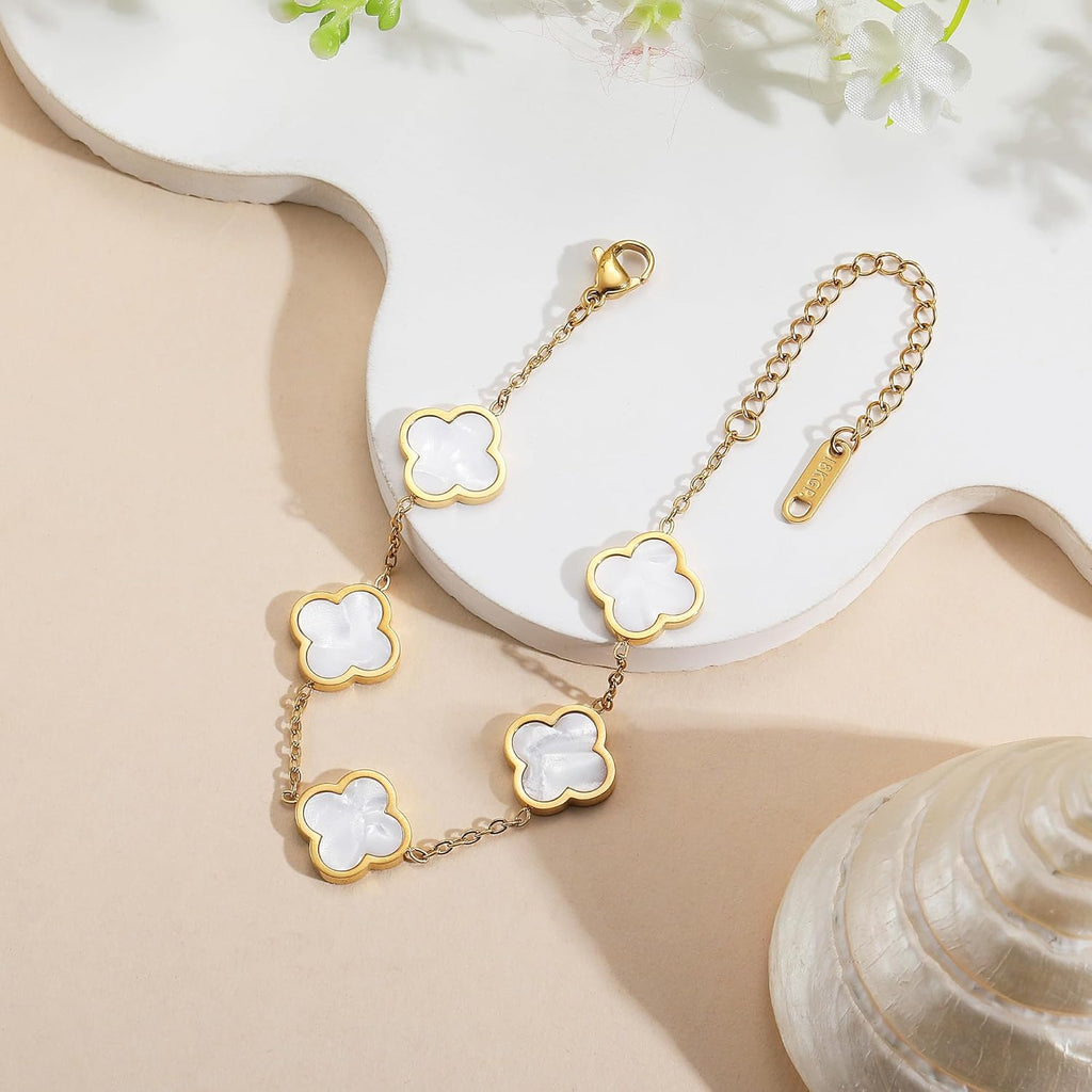 18K Gold Plated Clover Lucky Bracelet for Women White/Black/Red/Green Flower Four Leaf Link Bracelets Trendy Jewelry Gifts for Women