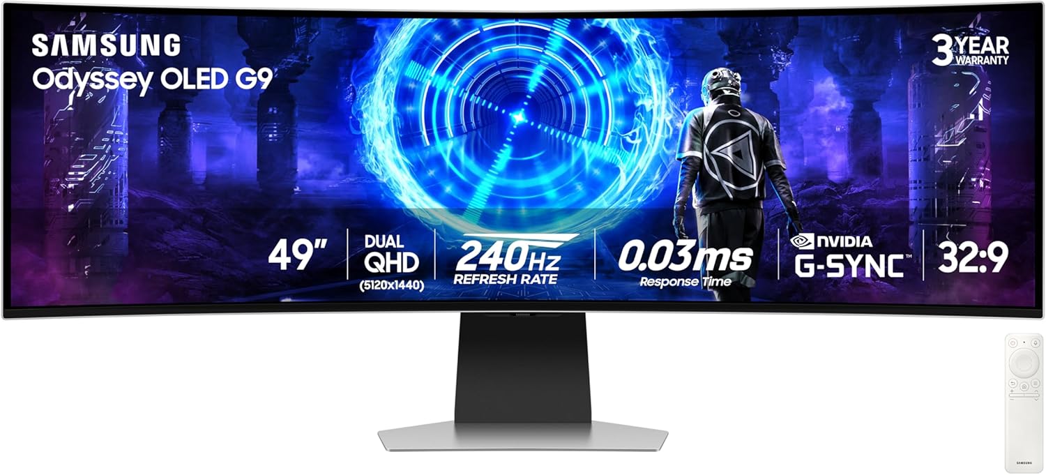 Samsung 49-Inch Odyssey G9 (G95SD) Series QD-OLED G-Sync Compatible Curved Gaming Monitor, 240Hz, 0.03ms, Dual QHD, Glare Free, FreeSync Premium Pro, Ergonomic Stand,LS49DG956SNXGO,2024, 3 Yr Warranty