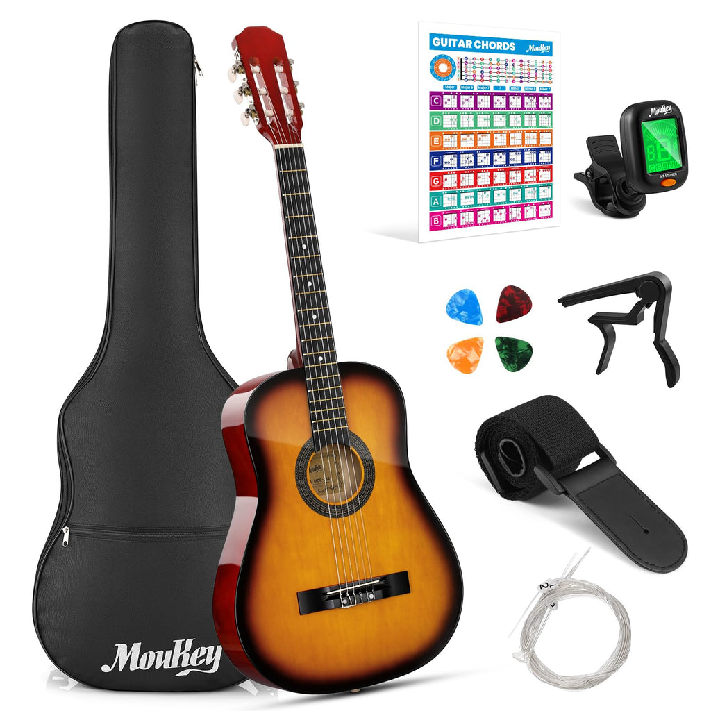 Moukey Acoustic Guitar Full Size Kits for Beginners Adults 4/4 de 41" Guitar Bundles com Chord Poster, Gig Bag, Tuner, Steel Strings, Strap, natural