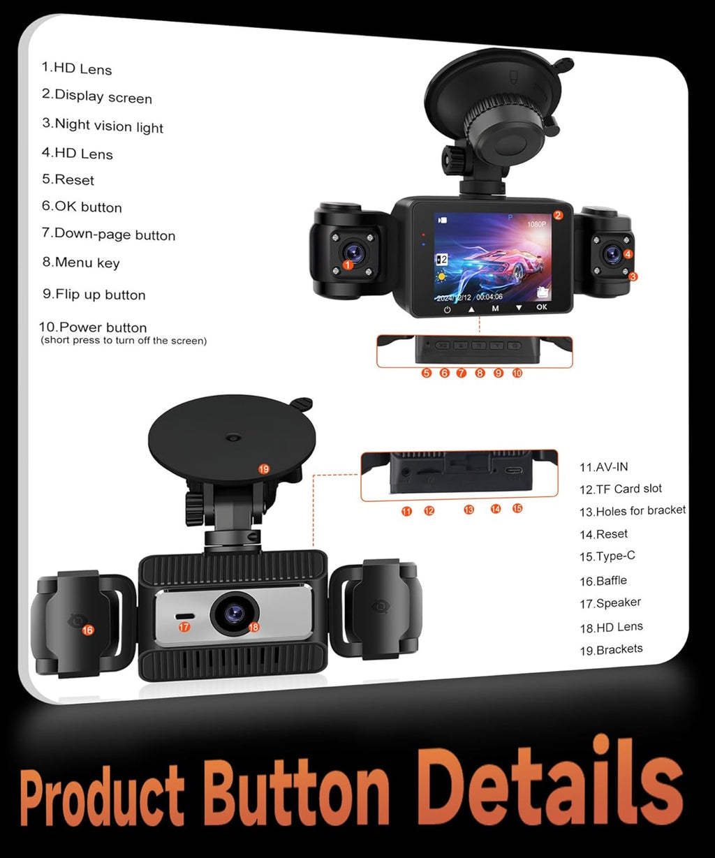1080P Car Dashcam 4 Channel 360°, 4 Front and Rear Left Right, 2.4 Inch 1080P Dash Cam with 64GB Card Night Vision IR/Loop Video/24H Monitor/G-Sensor Parking