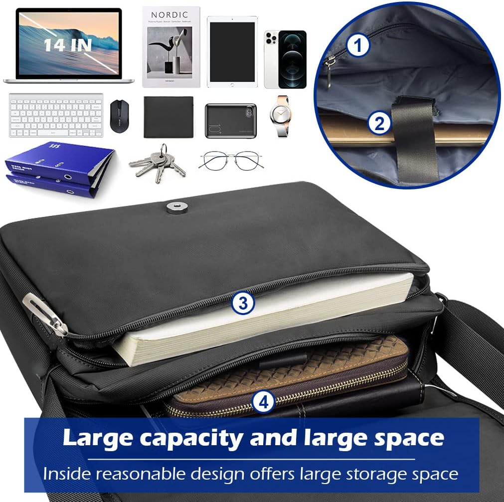 SPAHER Bolsa mensageiro homem mala de ombro homem mala tiracolo maletin homem 14 polegadas porta portátil homem mala de ombro de trabalho escritório de negócios impermeável presente para homem preto