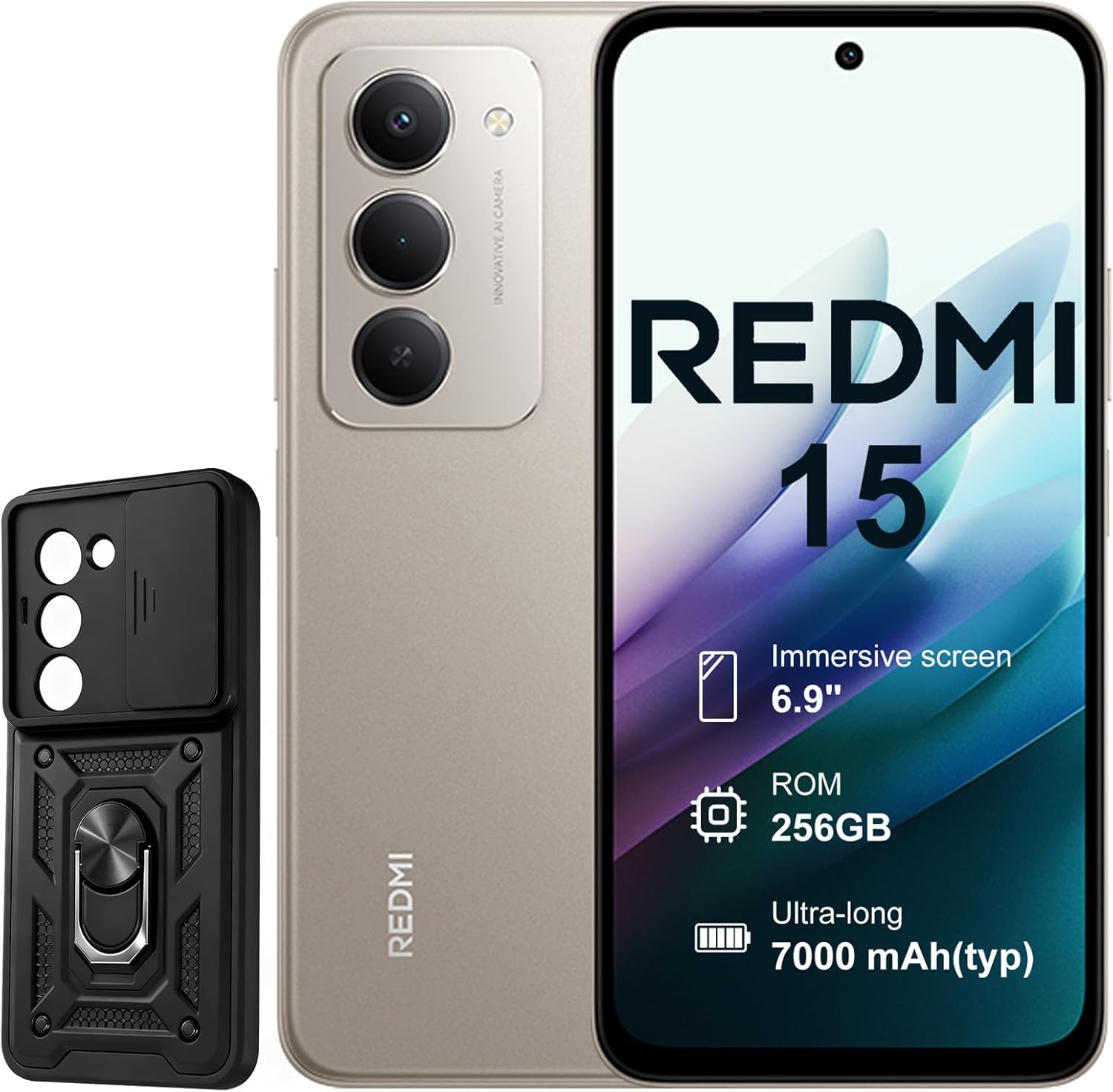 XIAOMI Redmi 15 4G 8+256GB Smartphone – Batería 7000mAh | Pantalla 6.9" FHD+ 144Hz | Snapdragon 685 | Cámara Dual 50MP | Carga Rápida 33W | Diseño Quad-Curve (Gray, con Funda)