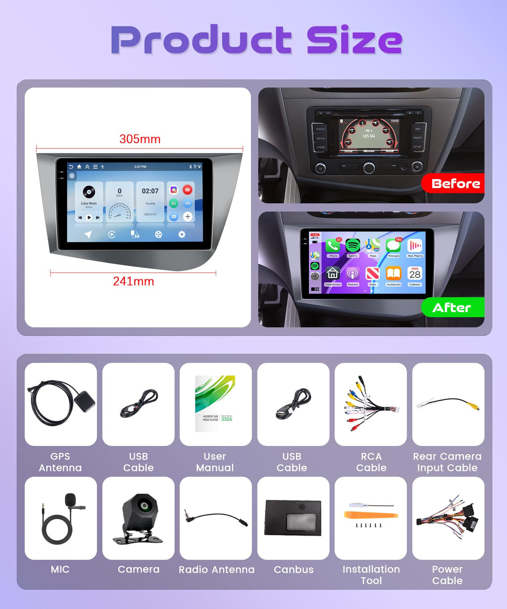4G+64G Wireless Carplay Android Car Radio for Seat Leon 2 MK2 2005-2012 9 Inch Touchscreen Car Radio with Android Auto GPS Navi WiFi Mirror Link Bluetooth FM/RDS/32EQ/USB/SWC Rear Camera