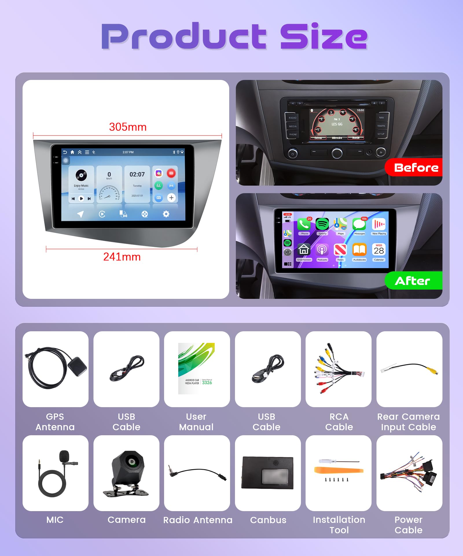 4G+64G Wireless Carplay Android Car Radio for Seat Leon 2 MK2 2005-2012 9 Inch Touchscreen Car Radio with Android Auto GPS Navi WiFi Mirror Link Bluetooth FM/RDS/32EQ/USB/SWC Rear Camera