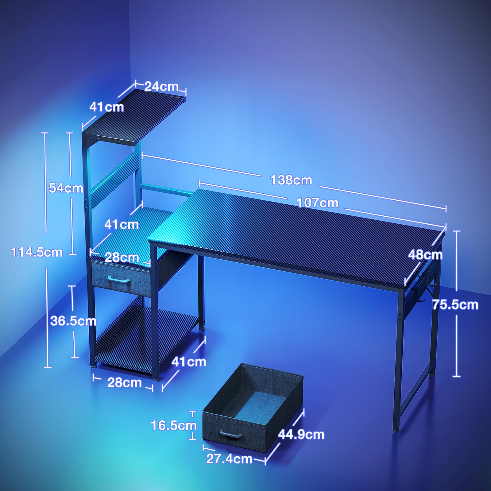 Escritorio para juegos Coleshome con iluminación LED, 120 x 48 cm, cajones y soporte, reversible, con gancho para casco, fibra de carbono negra 