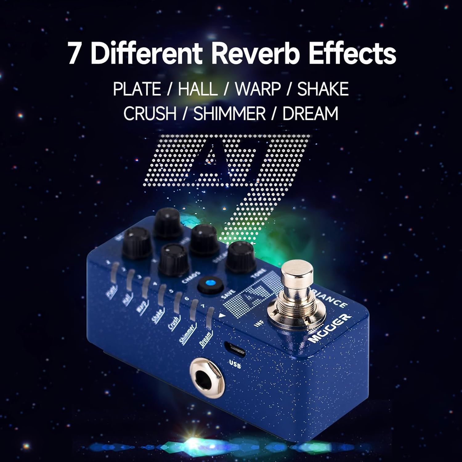 MOOER A7 Reverb Guitar Pedal Ambiance Versatile with 7 Diffrevent Rever Effects And Save Setting Function, INFINITE Trail Function, Supports Buffer Bypass or True Bypass