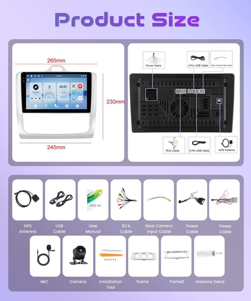 4G+64G Wireless Carplay Android Car Radio for Ford Focus Mk2 Mk3 Exi MT 2 3 2004-2011 9 Inch Incell Screen Car Radio Android Auto GPS Navi WiFi Bluetooth FM/RDS EQ/USB/SWC Rear Camera