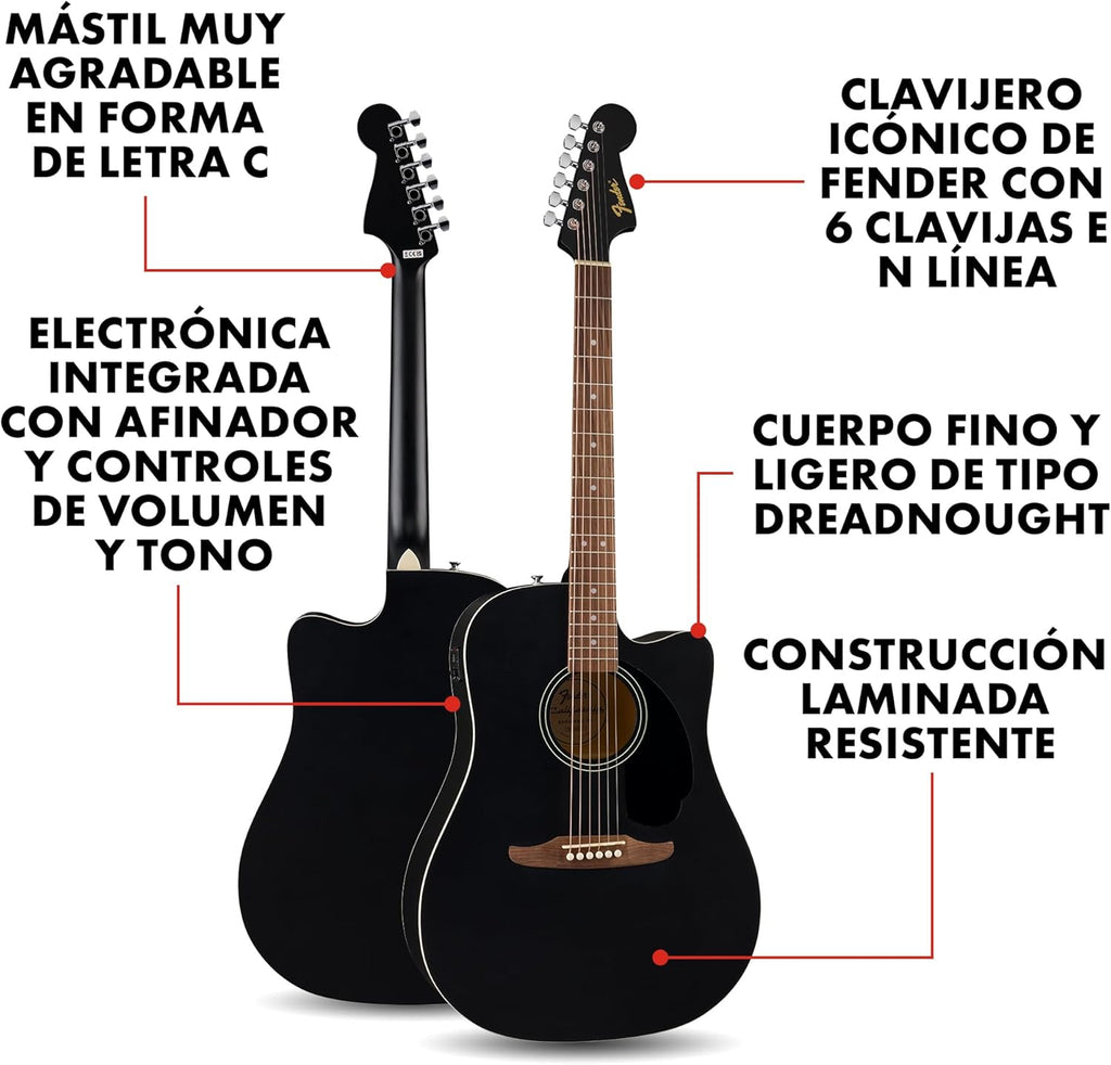 Fender CA Debut Guitarra Redondo Dreadnought CE Acústica, Guitarra para Principiantes, con 2 Años de Garantía, Black