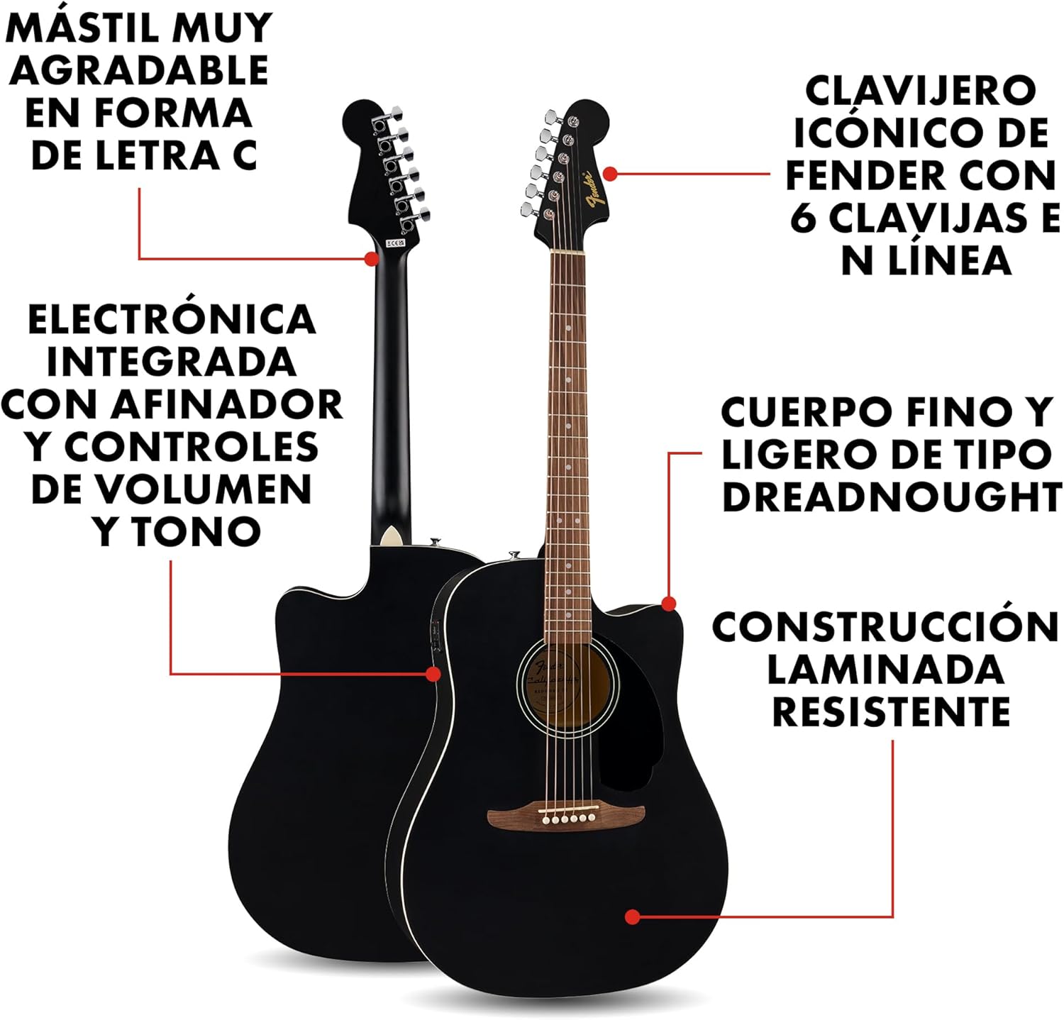 Fender CA Debut Guitarra Redondo Dreadnought CE Acústica, Guitarra para Principiantes, con 2 Años de Garantía, Black