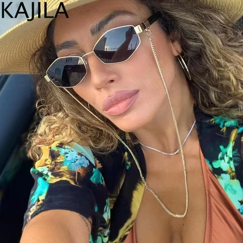 Sexy Small Frame Hexagon Sunglasses Women with Chain 2025 Luxury Brand Designer Punk Sun Glasses for Ladies Shades Gafas De Sol