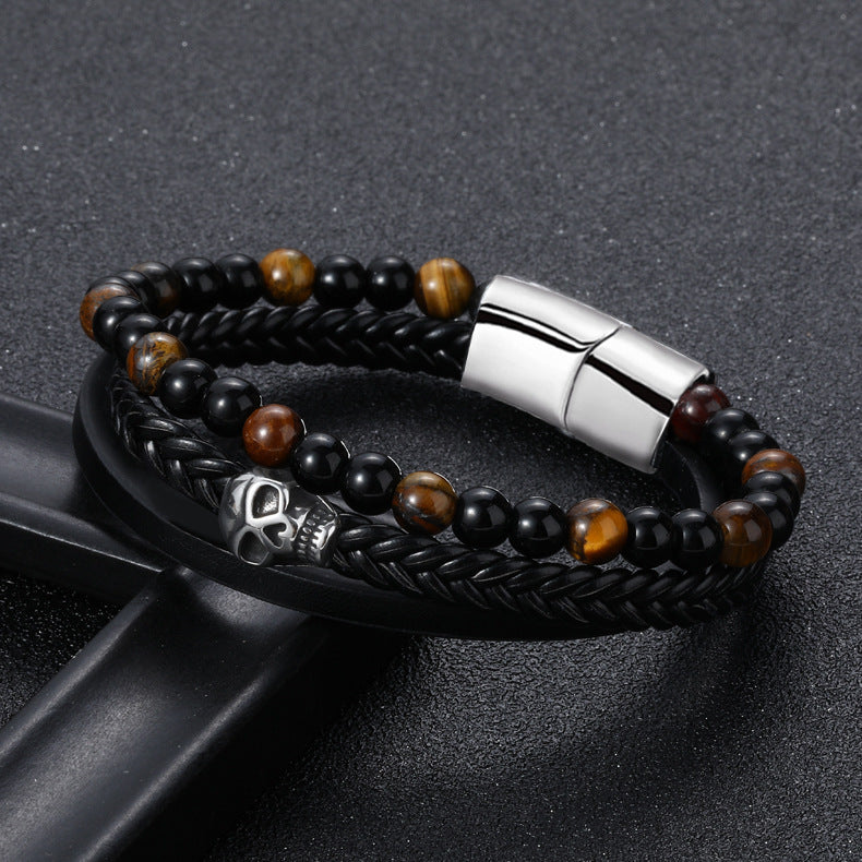 Skull Bracelet in Leather and Natural Stone