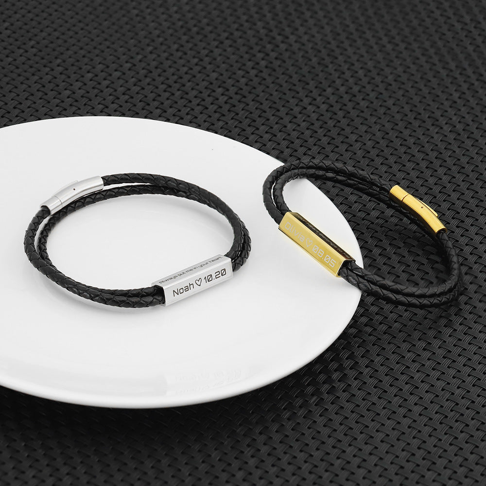 Personalized Leather and Stainless Steel Bracelet