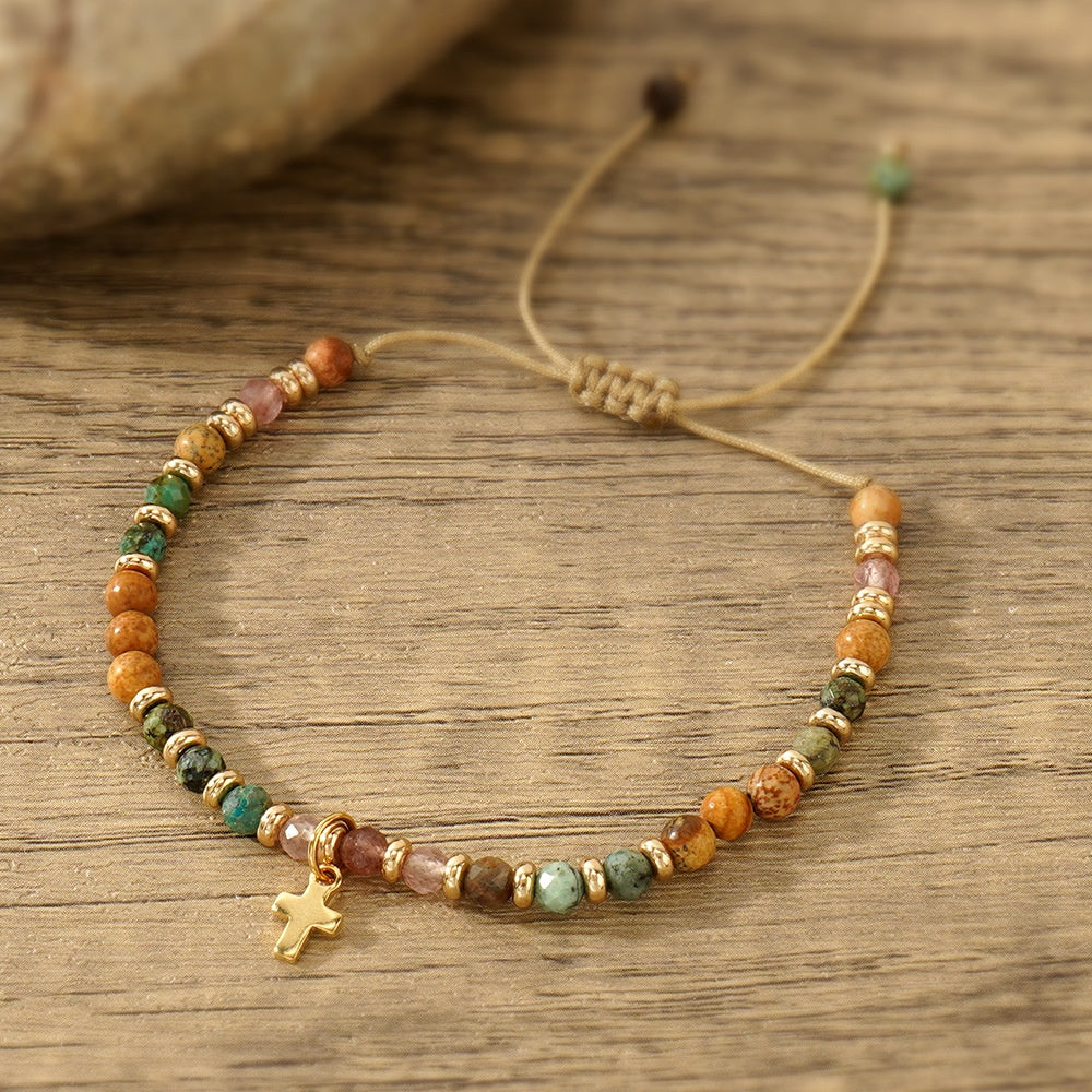 Pulseira com Cruz em Pedra Natural