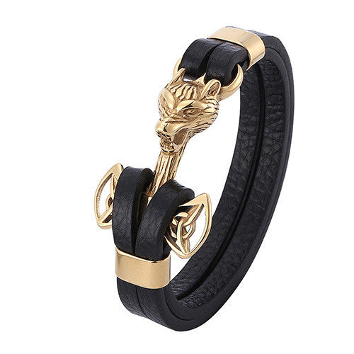 Pulseira Âncora de Couro e Aço Inoxidável