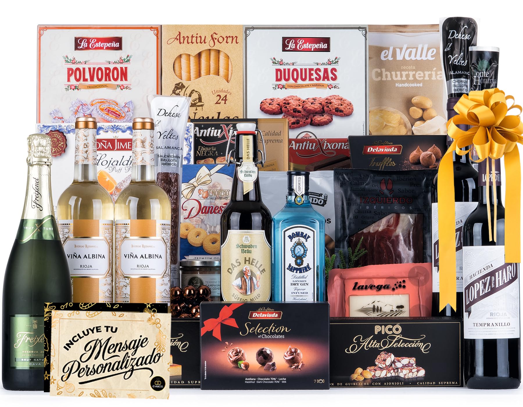 Christmas Basket with Gourmet Ham 2025 (Lot 217) · With Red and White Wine Rioja, Cava, Gin, Beer, Sweets and Iberian · Includes Customizable Card · Ideal Corporate or Family Gift