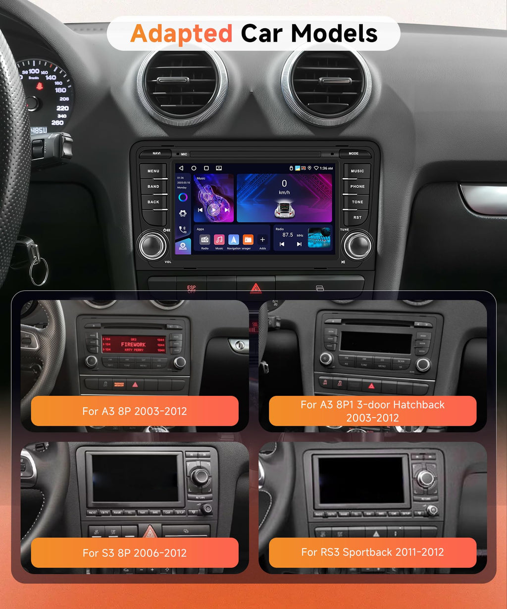 6G+128G 8 Core Wireless Carplay Android Car Radio for Audi A3 8P A3 8P1 S3 RS3 8P RS3 Sportback 7 Inch Car Radio Android Auto GPS Navi WiFi Mirror Link Bluetooth FM/RDS/DSP Rear Camera