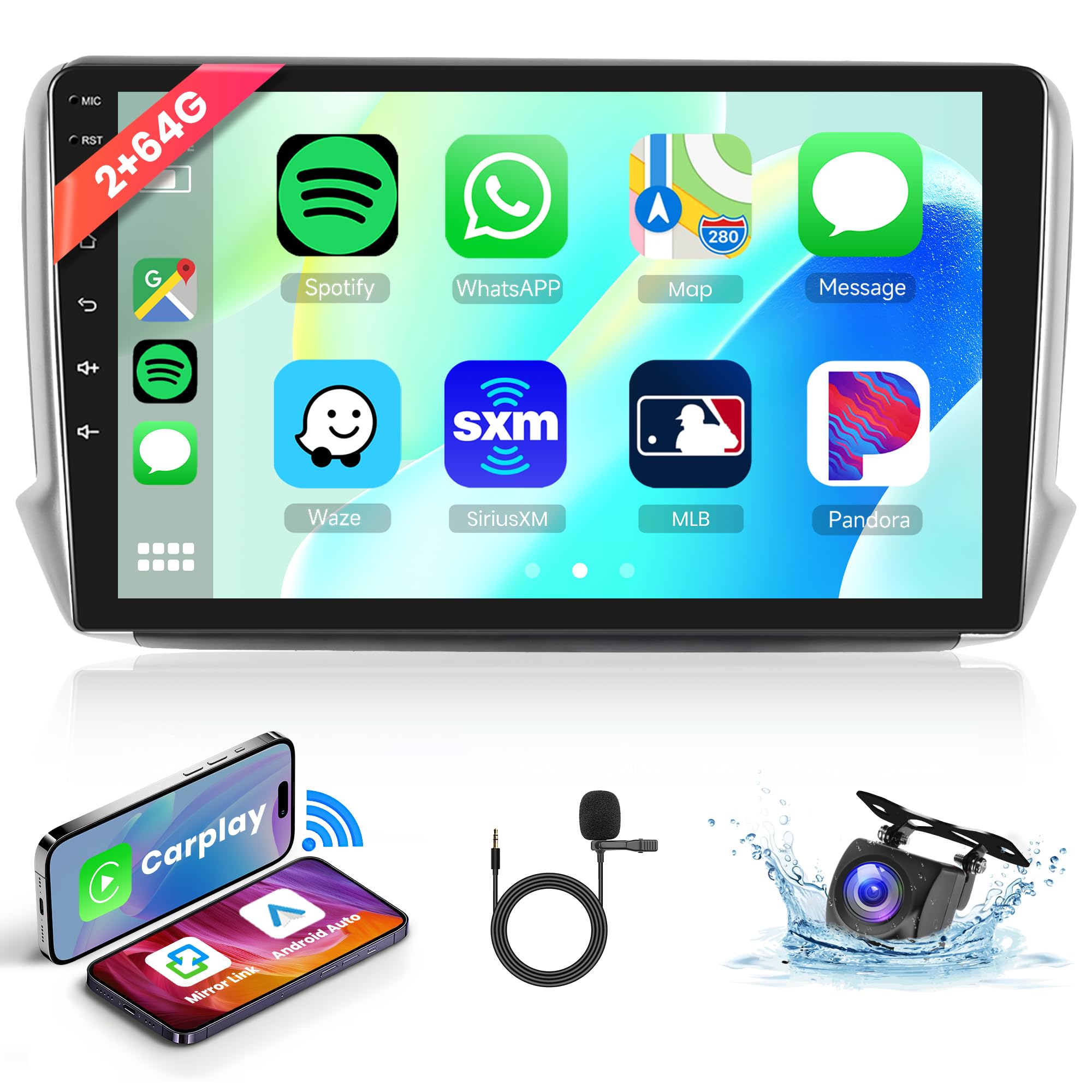 2G+64G Wireless Carplay Android 13 Car Radio 2 Din for Peugeot 2008 208 2012-2018 with Android Auto GPS Navi WiFi 10.1 Inch Car Radio with Bluetooth FM/RDS Radio USB/EQ/SWC Rear Camera