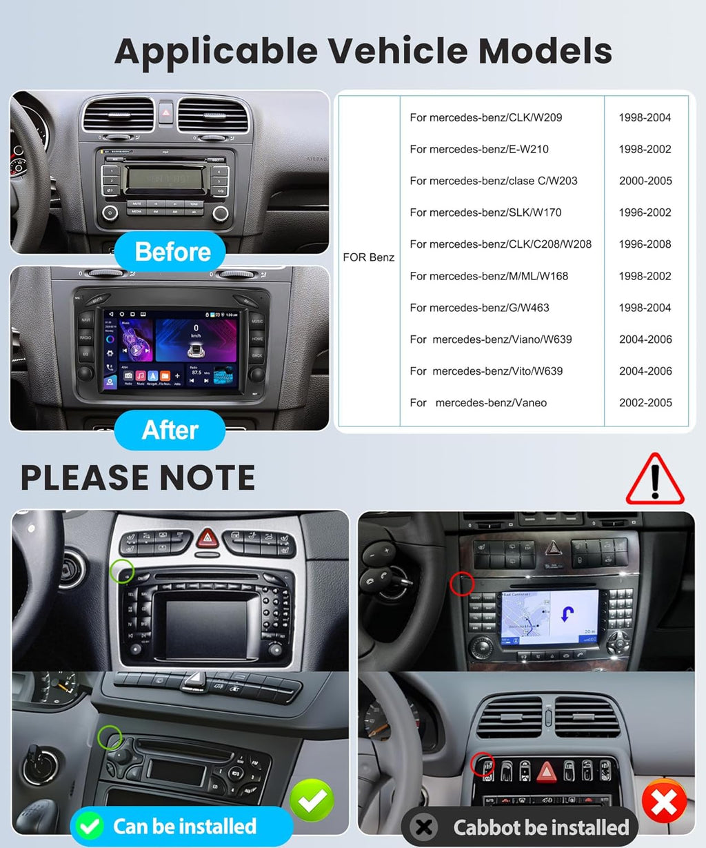 4G + 64G Wireless CarPlay Android Car Radio for Mercedes Benz W168 W203 CLK C209 / W209 SLK / W170 W463 Viano Vito Vaneo 7 Inch Radio with Android Auto GPS Navi WiFi Bluetooth FM / RDS Rear Camera 