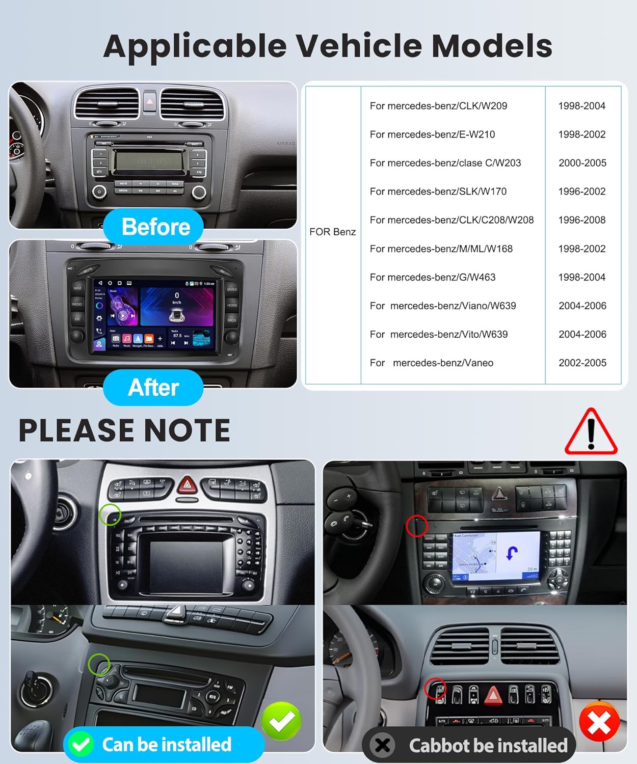 4G + 64G Wireless CarPlay Android Car Radio for Mercedes Benz W168 W203 CLK C209 / W209 SLK / W170 W463 Viano Vito Vaneo 7 Inch Radio with Android Auto GPS Navi WiFi Bluetooth FM / RDS Rear Camera 