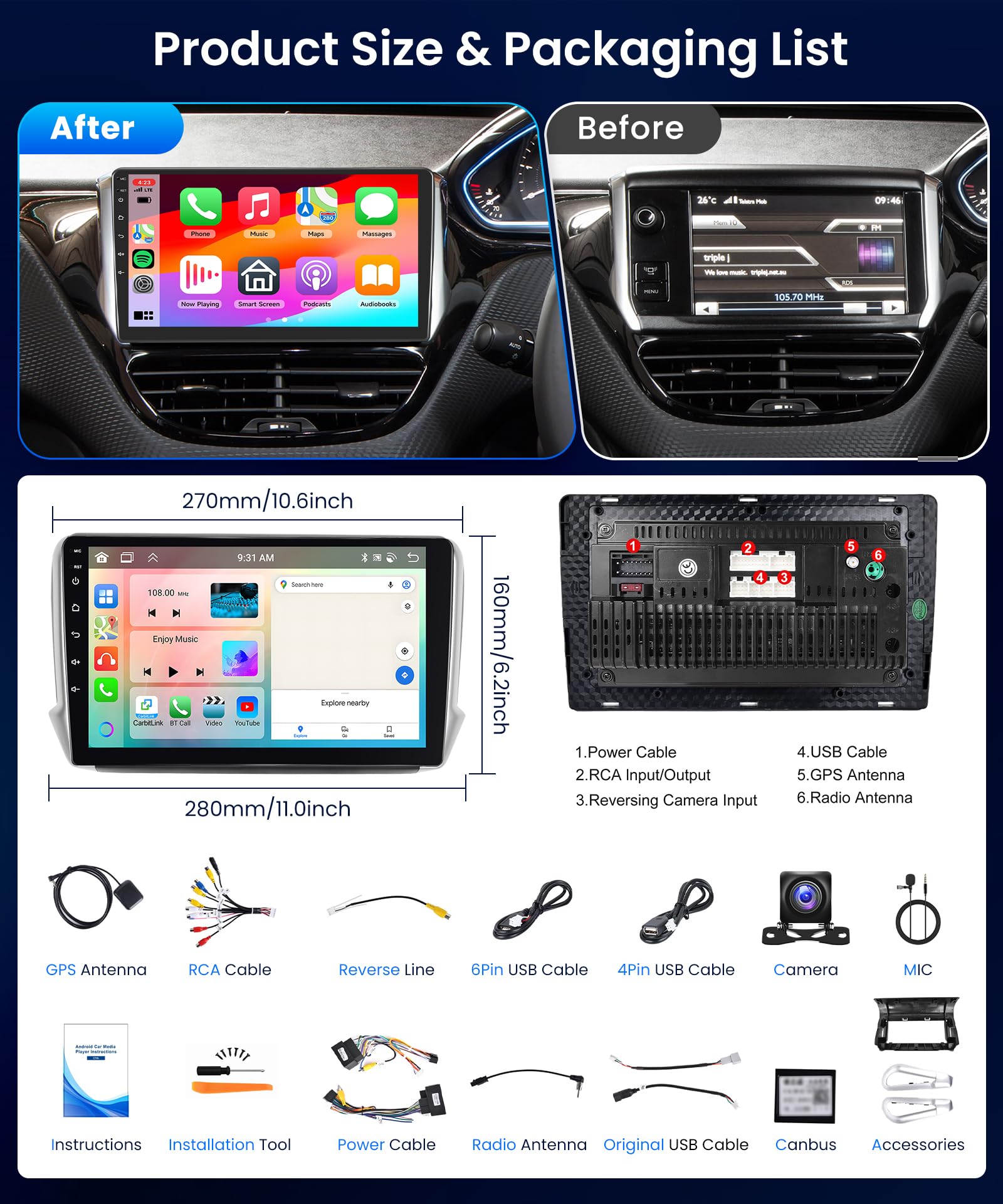 2G+64G Wireless Carplay Android 13 Car Radio 2 Din for Peugeot 2008 208 2012-2018 with Android Auto GPS Navi WiFi 10.1 Inch Car Radio with Bluetooth FM/RDS Radio USB/EQ/SWC Rear Camera
