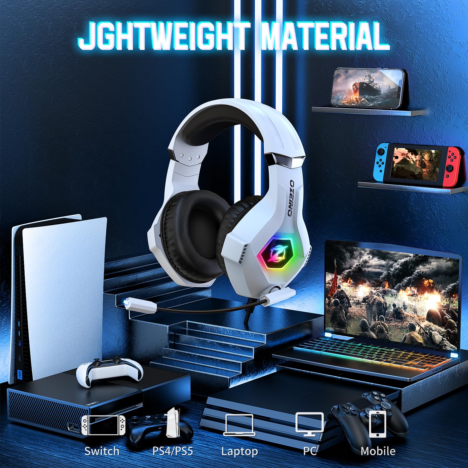 Gaming headset, gaming headset with rotating microphone, RGB light, premium stereo, lightweight comfortable earmuffs, for PS4 PS5 Xbox PC Switch Tablet Laptop 
