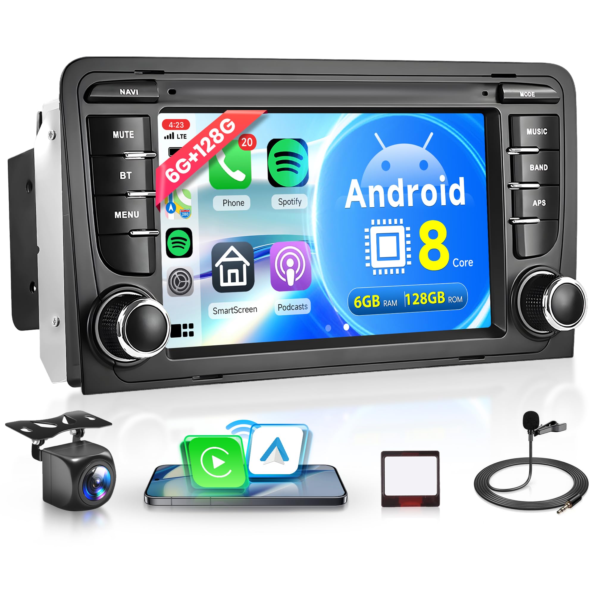 6G+128G 8 Core Wireless Carplay Android Car Radio for Audi A3 8P A3 8P1 S3 RS3 8P RS3 Sportback 7 Inch Car Radio Android Auto GPS Navi WiFi Mirror Link Bluetooth FM/RDS/DSP Rear Camera