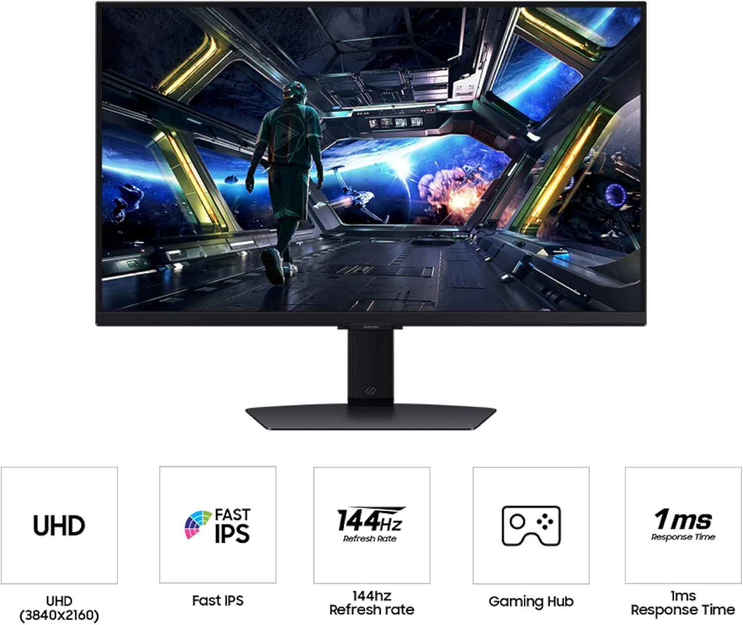 Samsung 27” Odyssey G7 (G70D) 4K UHD IPS 144Hz 1ms(GtG) Smart Gaming Monitor, G-Sync Compatible, AMD Freesync Premium, Vivid Colors, Adjustable Stand, Black Equalizer, LS27DG702ENXZA