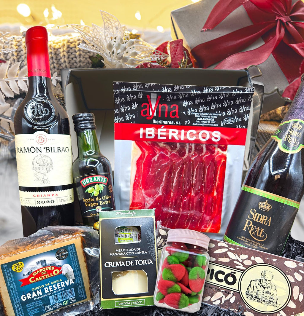 Cesto Gourmet para oferecer M | Perfeita como presente cesta de Natal para empresas, presunto ibérico de isca vinho tempranillo creme de morcela e creme de sobretudo par par PX pack polvones e balões