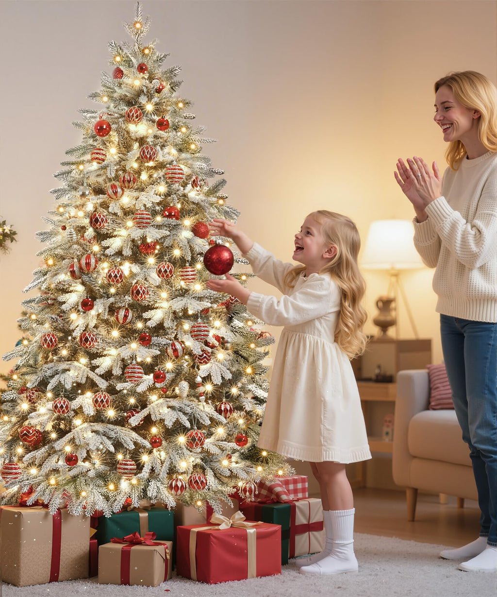 Yorbay Árvore de Natal artificial, com luzes LED e flocos de neve, decoração natalícia, suporte em metal (150 cm)