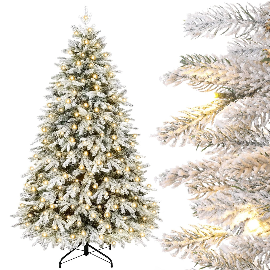 Yorbay Árvore de Natal artificial, com luzes LED e flocos de neve, decoração natalícia, suporte em metal (150 cm)