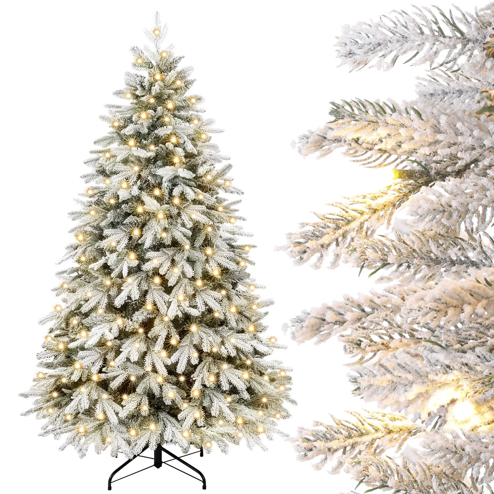 Yorbay Árvore de Natal artificial, com luzes LED e flocos de neve, decoração natalícia, suporte em metal (150 cm)