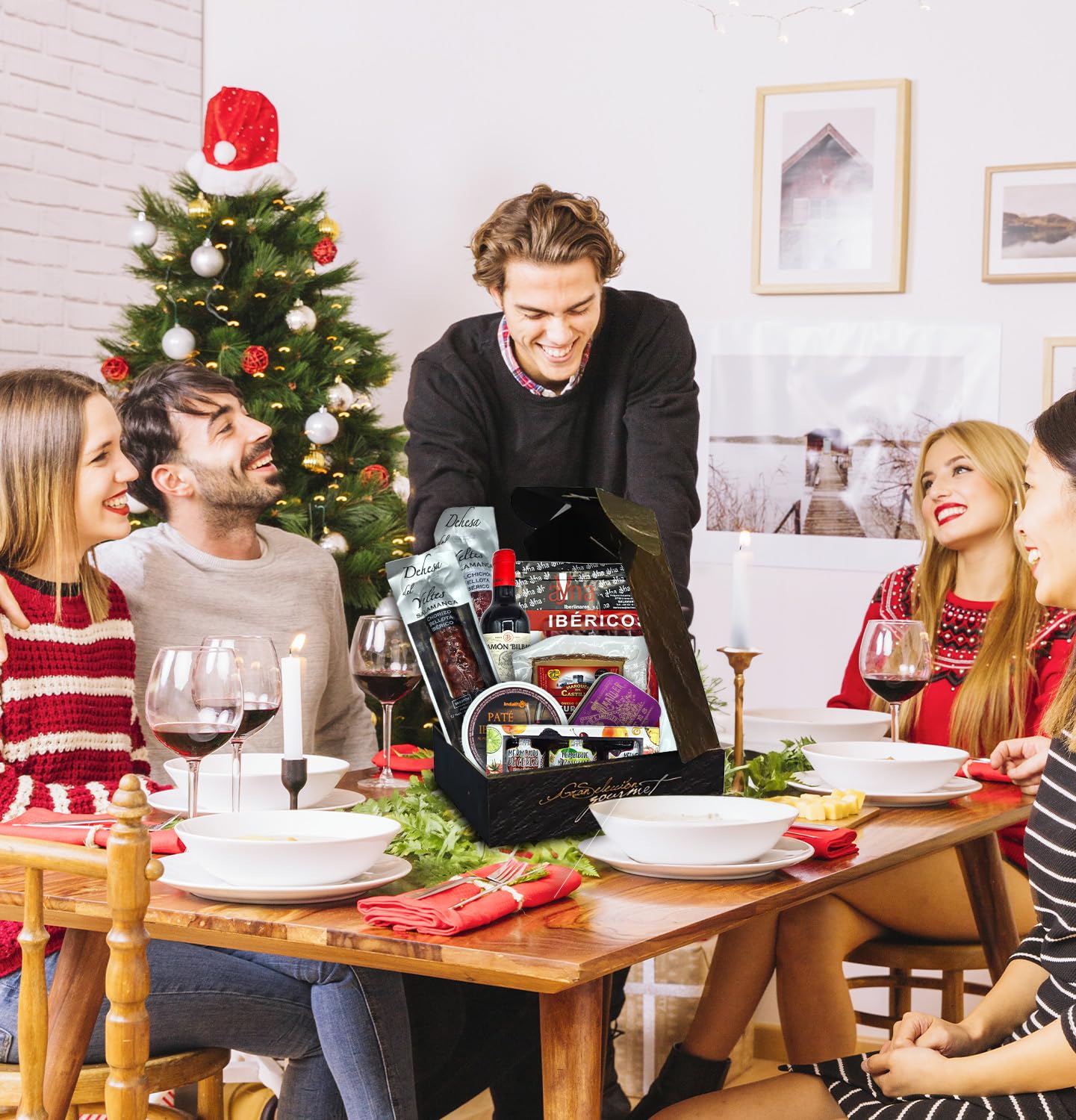 Cesto Gourmet para oferecer M | Perfeita como presente cesta de Natal para empresas, presunto ibérico de isca vinho tempranillo creme de morcela e creme de sobretudo par par PX pack polvones e balões