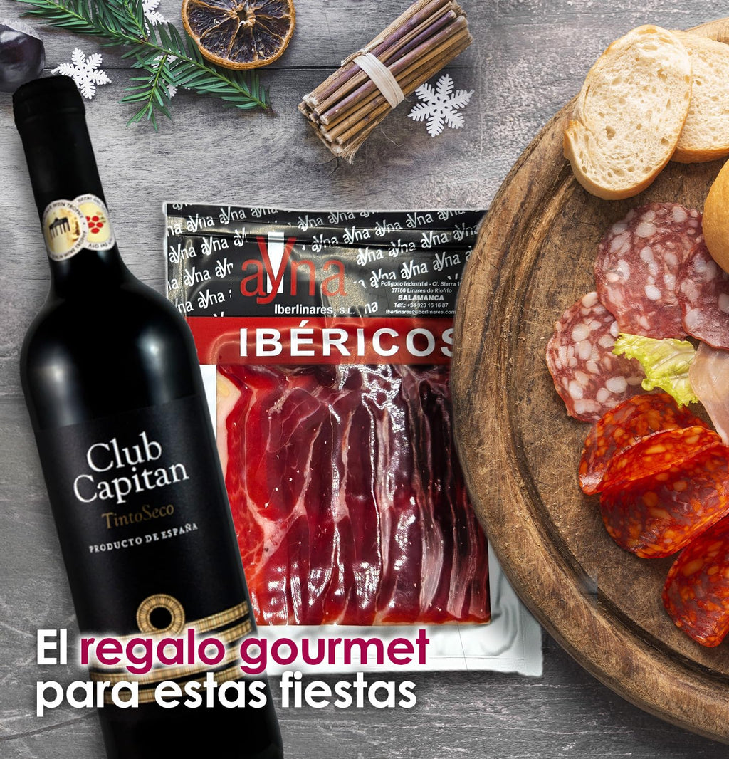 Cesto Gourmet para oferecer M | Perfeita como presente cesta de Natal para empresas, presunto ibérico de isca vinho tempranillo creme de morcela e creme de sobretudo par par PX pack polvones e balões