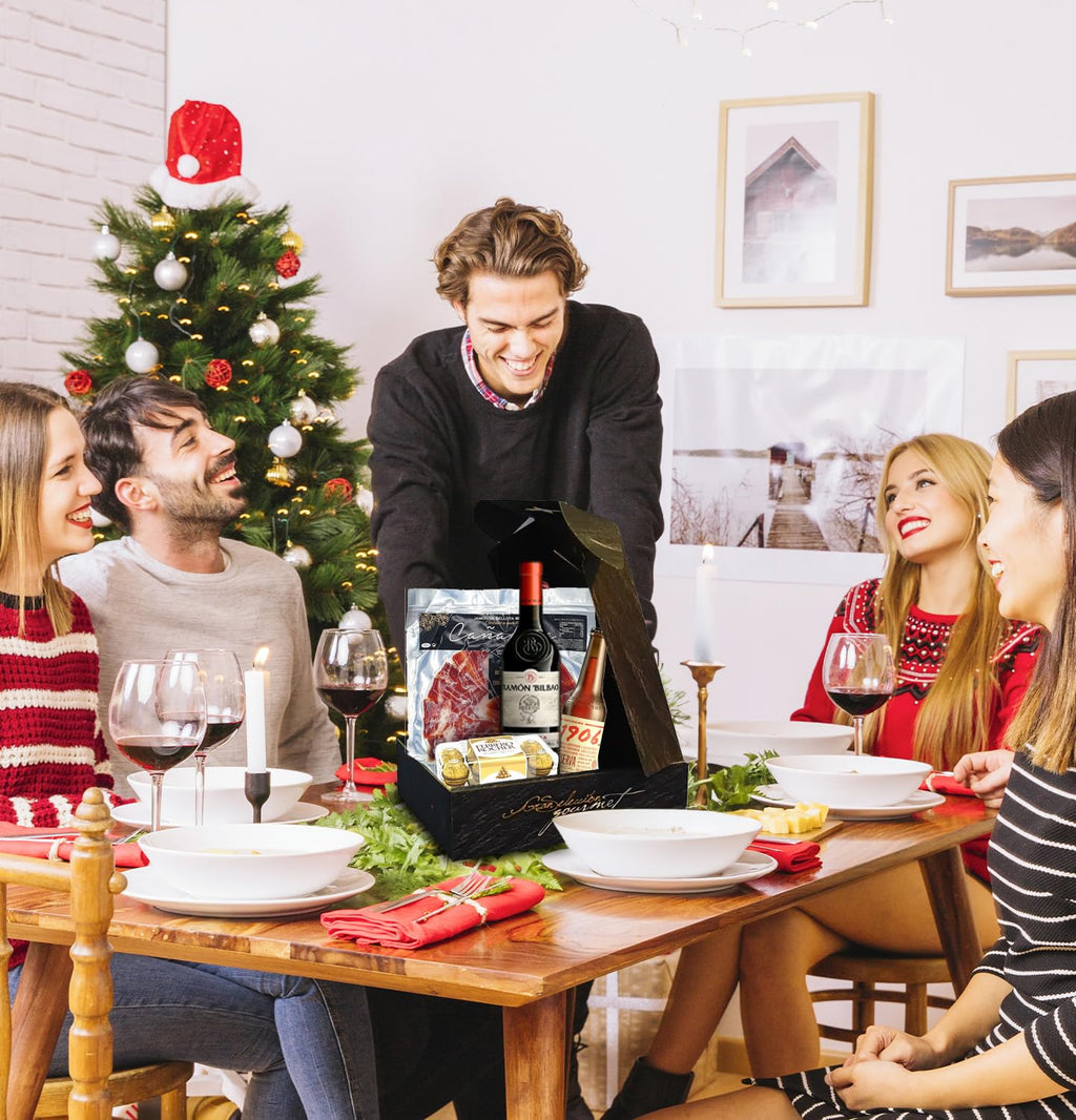 Cesto Gourmet para oferecer M | Perfeita como presente cesta de Natal para empresas, presunto ibérico de isca vinho tempranillo creme de morcela e creme de sobretudo par par PX pack polvones e balões